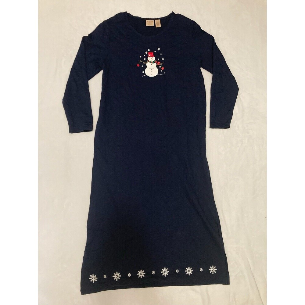 Mountain Lake Petite Medium Snowman Snowflake Blue Long Cotton Nightgown